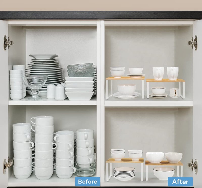 NEX MOOACE Bamboo Kitchen Cabinet and Counter Shelf Organizer, Stackable & Expandable, Set of 4, White and Natural - Image 3